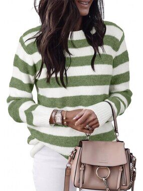 Womens Striped Sweater Color Block Knit Pullover Crewneck Long Sleeve Casual